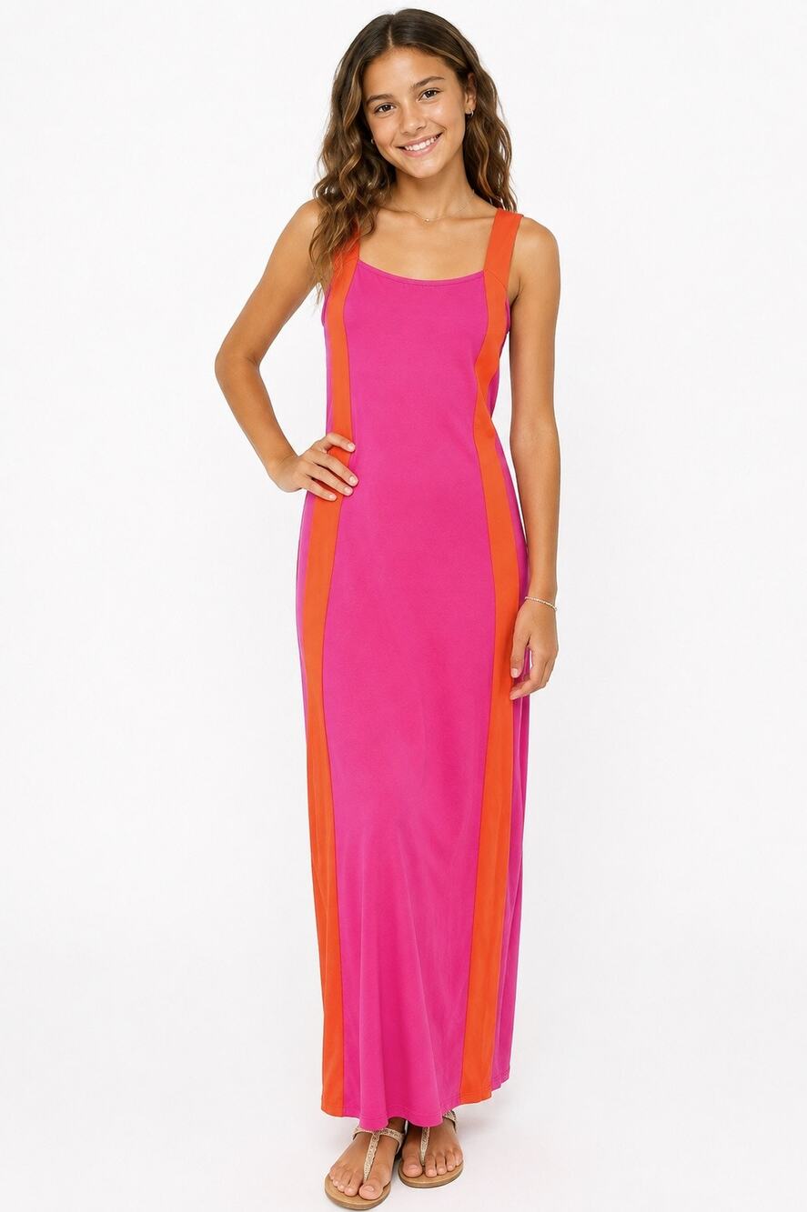 Color Block Pink & Orange Maxi Dress Girls 12-13Y Sleeveless Strappy Beach Dress